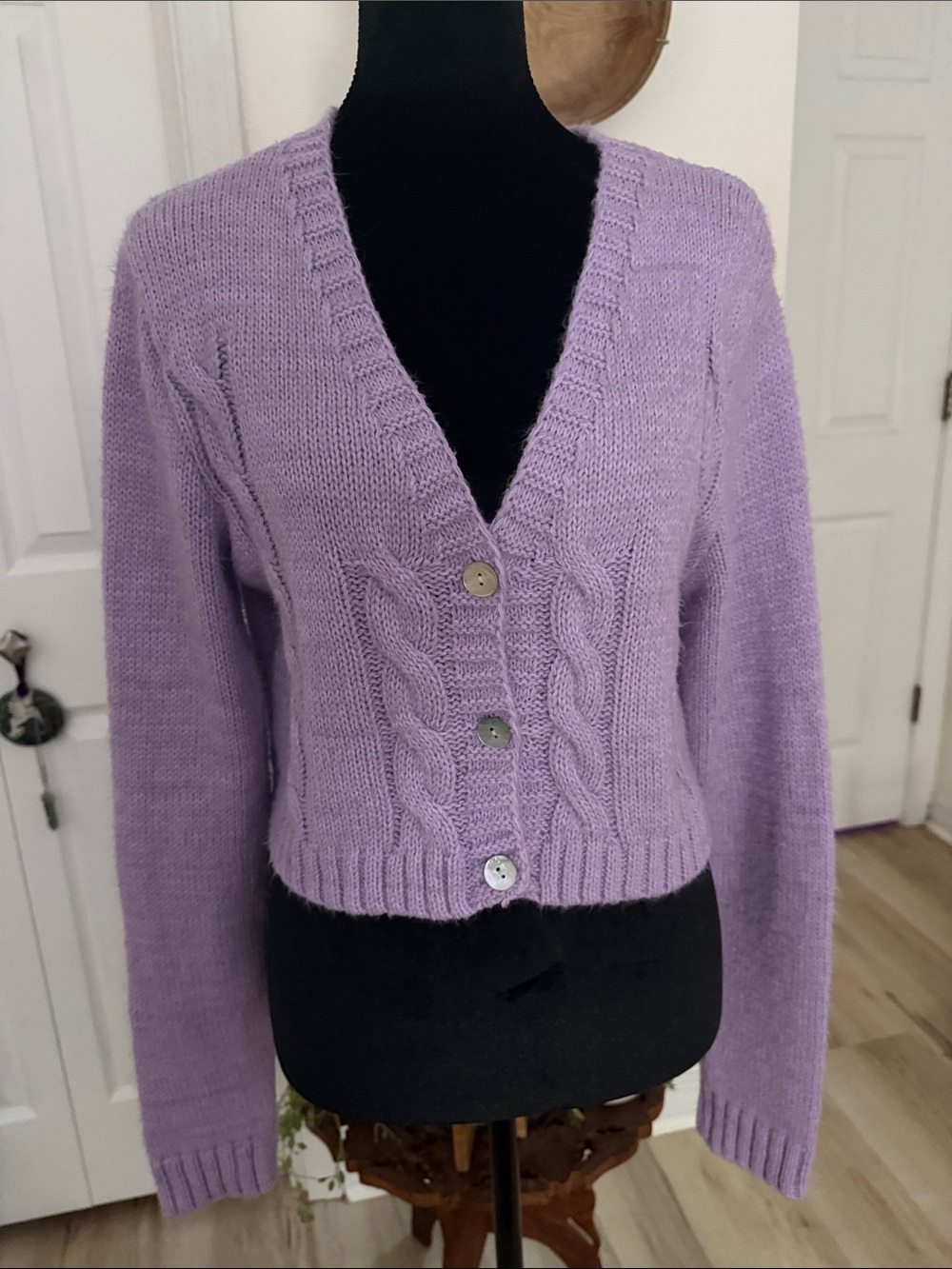 Nasty Gal Lilac Cable Knit Cropped V-Neck Cardigan